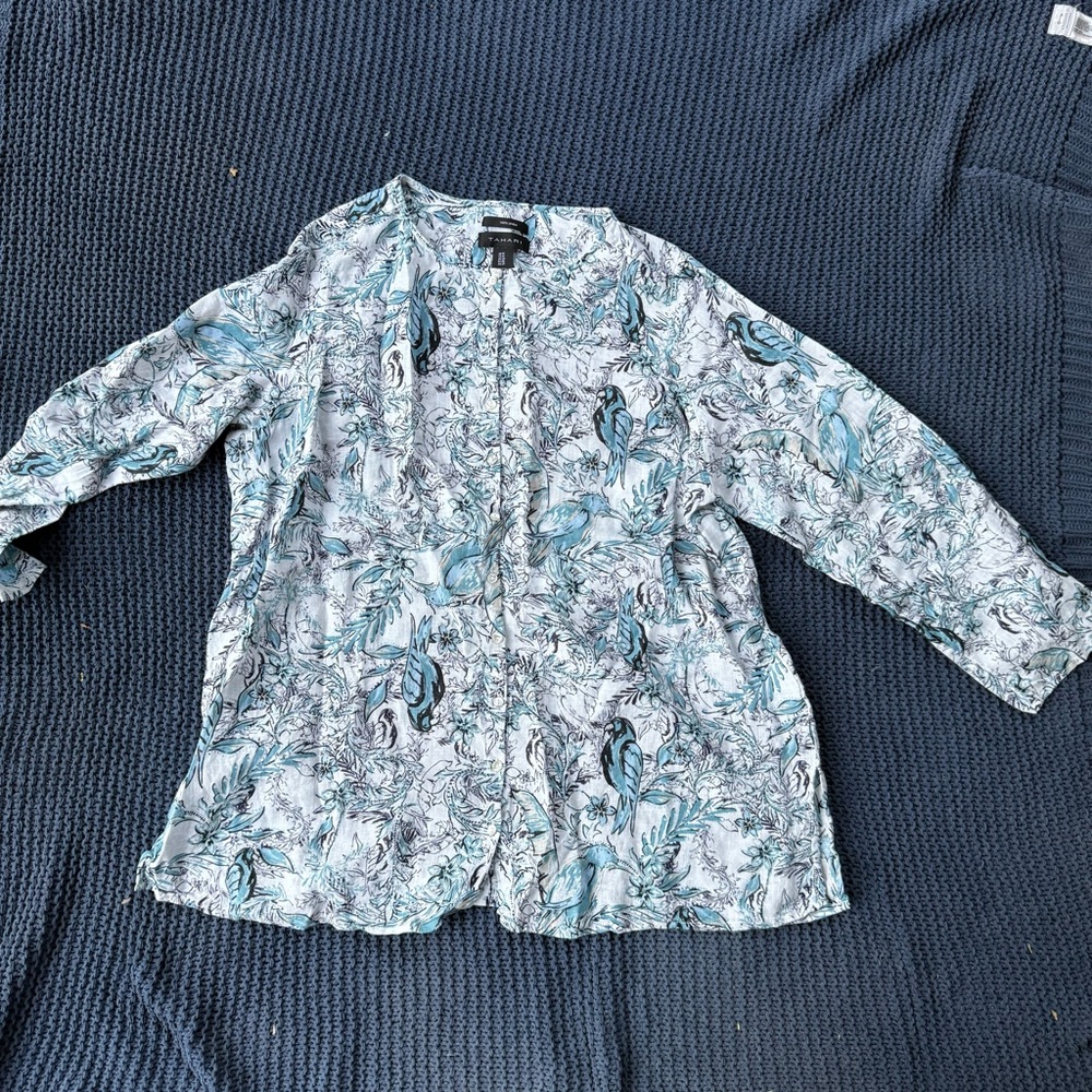 Tahari Tunic Top Womens 1X Plus Size Bird Print 100% Linen Boho Beach Blue White